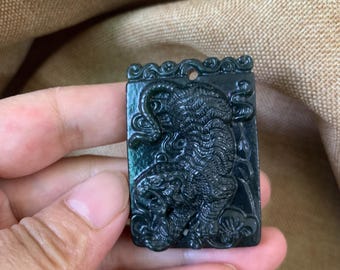 Black Nephrite Jade Tiger Pendant Hand Carved Zodiac Plaque Necklace Feng Shui Amulet Wealth Luck Talisman