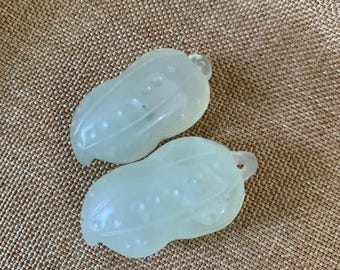 get 2 Green White Jade Peanut Pendant Hand Carved Lucky Amulet Necklace Wealth Longevity Charm