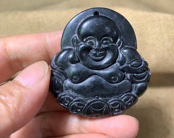 Natural Obsidian Laughing Buddha Pendant Necklace Hand Carved Lucky Amulet Spiritual Protection Abundance Crystal Jewelry Gift