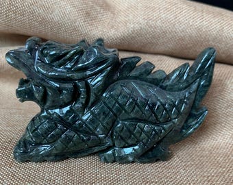 Hand Carved Dark Green Xiuyan Jade Dragon Statue Feng Shui Qinglong Ornament Wealth Protection Home Desk Decor