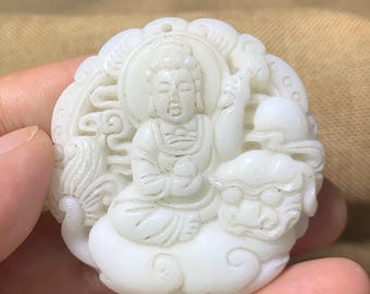 Natural White Jade Guanyin Pendant Necklace Hand Carved Manjushri Amulet Spiritual Protection Wisdom Crystal Jewelry Gift