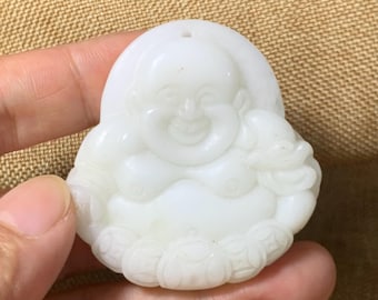 Natural White Jade Laughing Buddha Pendant Necklace Hand Carved Lucky Amulet Spiritual Protection Abundance Crystal Jewelry Gift