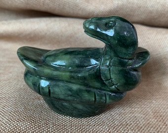 Serpentine Jade Snake Statue Dark Green Zodiac Carving Treasure Ingot Wealth Symbol Desk Ornament