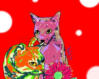 Japanse kattenkunstprint - Twee katten met rode stippen en bloemen - Direct te downloaden