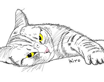 Japanse kattenkunstprint - Schets van een luie kat die ligt - Direct leverbaar