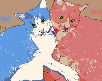 Japanse kattenkunstprint - Twee blauwe en rode katten - Direct te downloaden