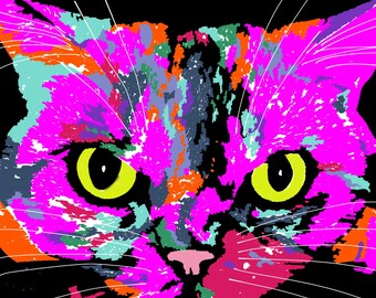 Japanse kattenkunstprint - Neonpaarse kat met zwarte achtergrond - Direct leverbaar