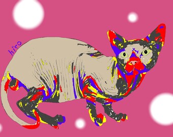 Japanse kattenkunstprint - Sphynxkat met roze achtergrond - Direct te downloaden
