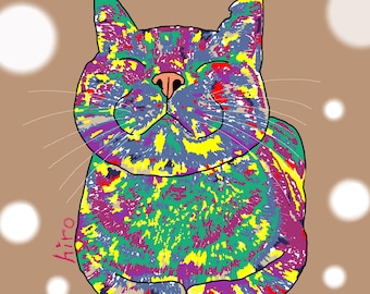 Japanse kattenkunstprint - Kleurrijke gelukskat met stippen - Direct te downloaden