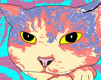 Japanse kattenkunstprint - Kat met intense blik (Turkoois) - Direct te downloaden