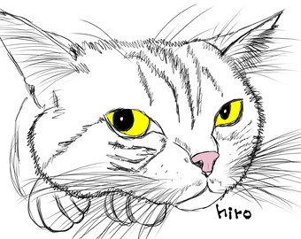 Japanse kattenkunstprint - Schets van een kat met gele ogen - Direct te downloaden