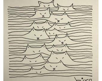 Japanse kattenkunstprint - Verborgen katten in de golven - Direct te downloaden