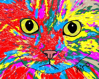 Japanse kattenkunstprint - Regenboogexplosie kat - Direct te downloaden