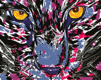 Japanse kunstprint - Wilde kat met felle donkere ogen - Direct te downloaden