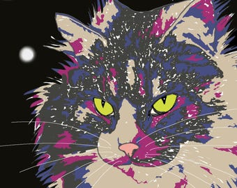 Kunstprint van een Japanse kat - Pluizige donkere kat met zwarte achtergrond - Direct te downloaden