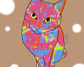 Japanse kattenkunstprint - Kleurrijke kat met beige stippen - Direct te downloaden