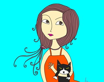 Japanse kunstprint - Meisje met zwarte kat teal - Direct te downloaden