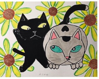 Japanse kattenkunstprint - Ondeugende katten met zonnebloemen - Directe download #002