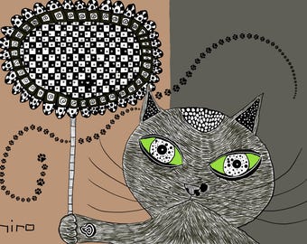 Japanse kattenkunstprint - Kat met stippenpatroon en geblokte bloem - Direct te downloaden