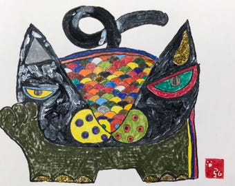 Japanse kattenkunstprint - Zwarte kat met kleurrijk schubbenpatroon - Direct te downloaden