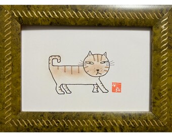 Japanse kattenkunstprint - Eenvoudige lijntekening van een lopende kat - Direct te downloaden