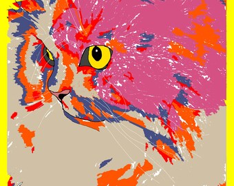 Japanse kattenkunstprint - Pluizige roze kat met gele achtergrond - Direct te downloaden