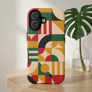 Retro Geometric Pattern Phone Case – Bright, Bold, Circles and Squares, Red, Black, Green, Yellow, Cream Color Palette, Shapes Design