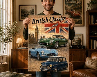 British Classics Car Puzzle, Jaguar E-Type & Mini Cooper Art, UK Sports Car Collection, London Decor, Gift for Car Enthusiasts