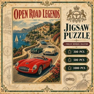 May include: A rectangular jigsaw puzzle box featuring the text Open Road Legends Summer 1960. The artwork displays a coastal road with vintage red, cream, green, blue, and yellow sports cars. The box lists 300, 500, and 1000 piece options.