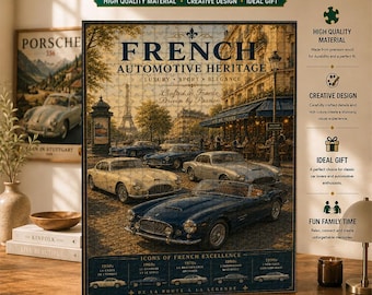 French Automotive Heritage Jigsaw Puzzle, Vintage Paris Street Cafe Wall Art, Luxury Retro Classic Cars Poster, Gift for Car Lovers