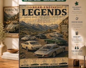 Rear Engine Legends Puzzle, Porsche 911 Heritage Art, Vintage Air-Cooled Sports Car Collection, Alpine Road Decor, Gift for Porsche Fans