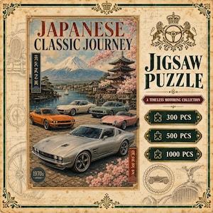 Può includere: Una scatola di puzzle intitolata Japanese Classic Journey che mostra un paesaggio con il Monte Fuji, una pagoda, fiori di ciliegio e cinque auto sportive d'epoca in arancione, bianco, verde, rosa e argento. La scatola elenca 300, 500 e 1000 pezzi.