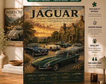 Jaguar Heritage träpussel, klassisk brittisk bilaffischkonst, Grand Touring-samling, retro garagedekor, present till bilälskare
