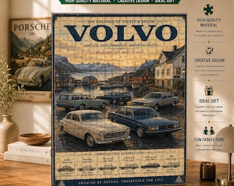 Volvo Heritage träpussel, vintage svensk bilaffischkonst, klassisk nordisk bilsamling, retro garagedekor, present till bilfantaster