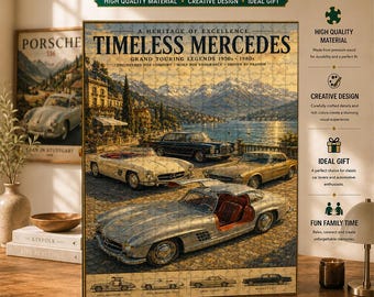 Mercedes träpussel, vintage Grand Touring-bilkonst, klassisk tysk lyxsamling, retro garagedekor, present till bilälskare