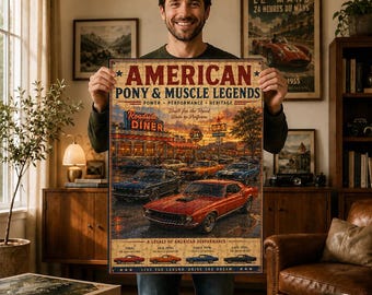 Amerikansk ponny och muskellegender-pussel, vintage Mustang-muskelbilskonst, klassisk Route 66-samling, retro dinerdekor, present till bilälskare