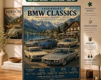 BMW Classics träpussel, vintage tysk bilkonst, legendarisk bayersk kulturarvssamling, retro garagedekor, present till bilälskare