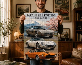 Japanese Legends Car Puzzle, Vintage Datsun 240Z & Toyota Celica Art, Classic JDM Collection, Mount Fuji Auto Decor, Gift for Car Enthusiast