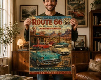 Route 66 träpussel, affischkonst med klassiska amerikanska bilar, retro roadtrip-dekor, nostalgisk garagesamling, present till bilälskare