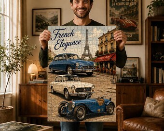 French Elegance Car Puzzle, Vintage Citroën & Bugatti Artwork, Classic French Auto Collection, Paris Cafe Decor, Gift for Car Enthusiasts