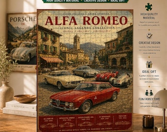 Alfa Romeo träpussel, vintage italiensk sportbilskonst, klassisk racingarvssamling, retro garagedekor, present till bilälskare