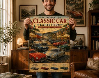 Internationell klassisk bilutställning med pussel, europeisk och amerikansk bilkonst, global sportbilssamling, motordekor, present till bilälskare