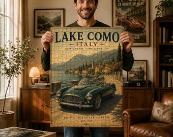 Comosjön Italien Träpussel, Vintage europeisk roadtrip-konst, Klassisk cabrioletscen, Italiensk resedekor, Present till bilälskare
