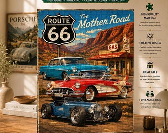 Route 66 Classic Car Puzzle, Vintage American Road Trip Art, Retro Gas Station & Hot Rod Collection, Mother Road Decor, Gift for Car Lovers
