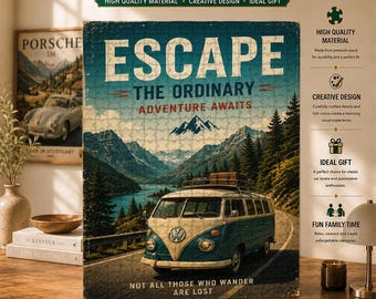 Vintage Camper Van Jigsaw Puzzle, Mountain Road Trip Art, Wilderness Scene, Travel Decor, Gift for Explorers