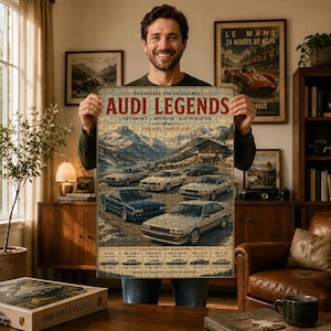 May include: A rectangular poster titled Audi Legends featuring a mountain landscape with five vintage Audi cars in the foreground and a row of six smaller car illustrations at the bottom, all set against a textured, aged paper background.