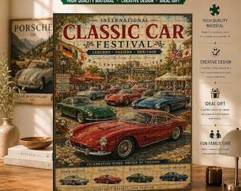 International Classic Car Festival Puzzle, European & Japanese Auto Art, Sports Car Collection, Retro Motoring Decor, Gift for Car Lovers