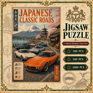 Può includere: Una scatola di puzzle con il testo Japanese Classic Roads e Jigsaw Puzzle. L'illustrazione mostra un'auto sportiva arancione in primo piano, con altre auto d'epoca su una strada vicino al Monte Fuji, una pagoda e ciliegi in fiore.