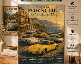 Vintage Porsche 911 träpussel, klassisk sportbilsaffisch, retro bilsamling, dekoration för bilälskare, present till honom
