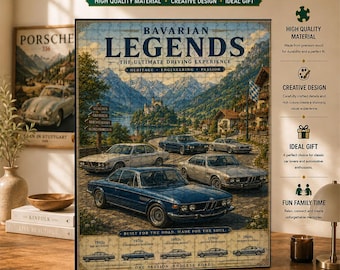 Bayerska legender-pussel, vintage tysk sportbilskonst, klassisk BMW Heritage-samling, dekoration på alpina vägar, present till bilentusiaster